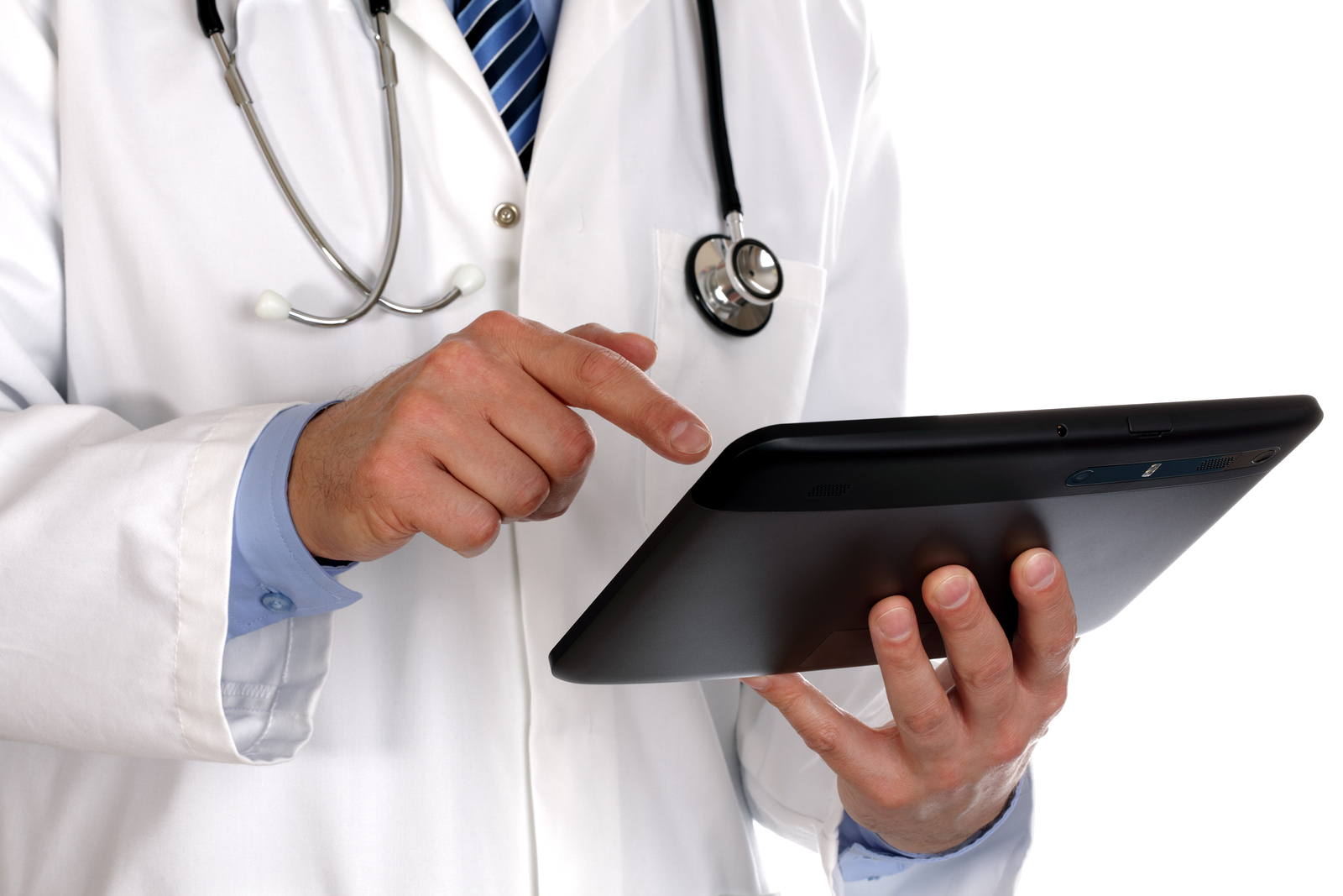 Doctor using a digital tablet on white background